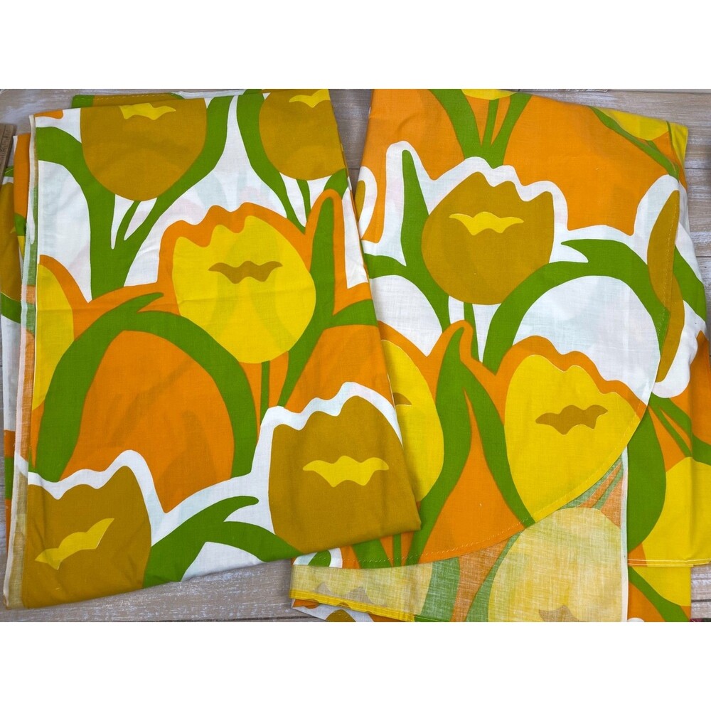 2 Vintage JP Steven's Utica? Twin Flat Sheet Cover w/Round Edge 70's MCM Tulip